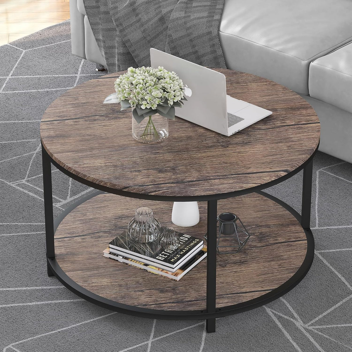 NSdirect Round Coffee Table, 27.5" Small Coffee Table for Living Room,2-Tier Rustic Wood Desktop with Storage Shelf Modern Design Home Furniture(Light Walnut)