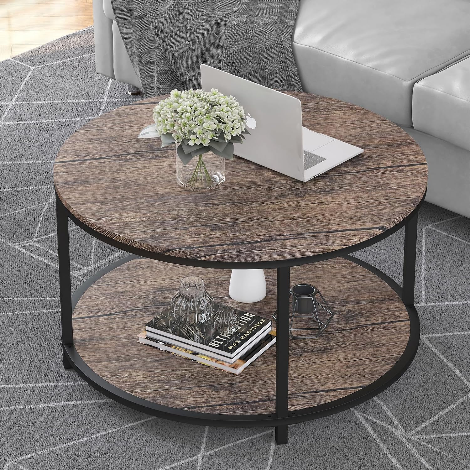 NSdirect Round Coffee Table, 27.5" Small Coffee Table for Living Room,2-Tier Rustic Wood Desktop with Storage Shelf Modern Design Home Furniture(Light Walnut)