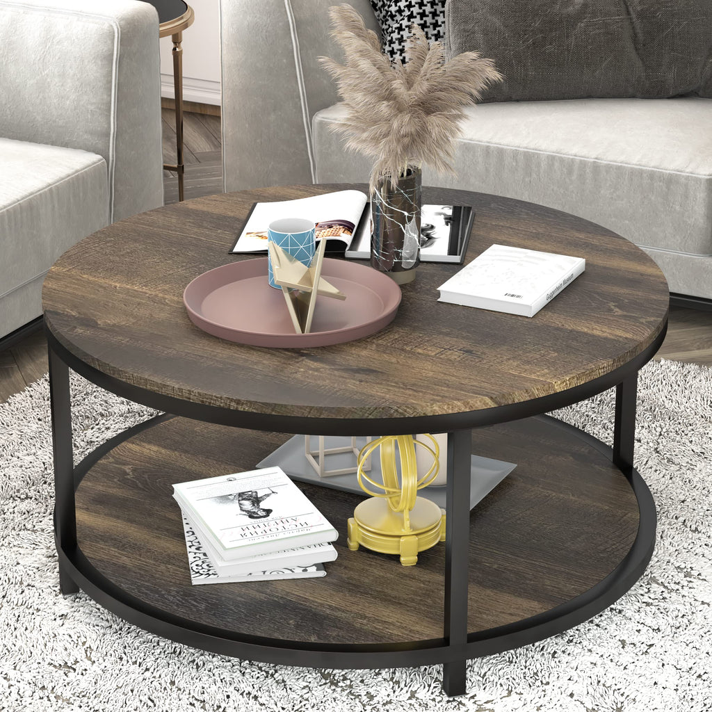 NSdirect Round Coffee Table, 27.5" Small Coffee Table for Living Room,2-Tier Rustic Wood Desktop with Storage Shelf Modern Design Home Furniture(Light Walnut)