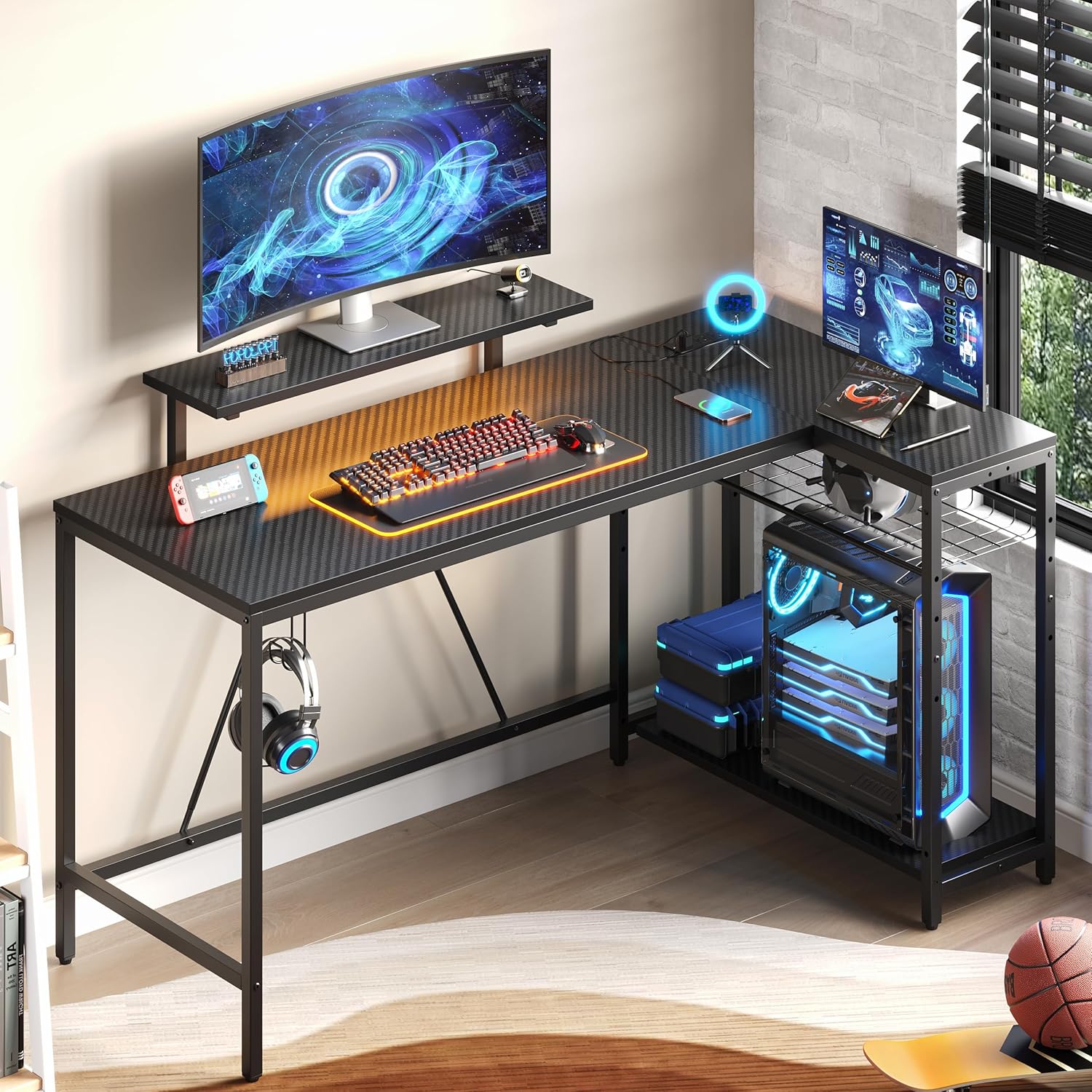Bestier White Computer Desk with Charging Port & LED Strip,42 inch Modern Gaming Desk with Reversible Storage Shelves,Small L Shaped Desk with Hooks for Home Office