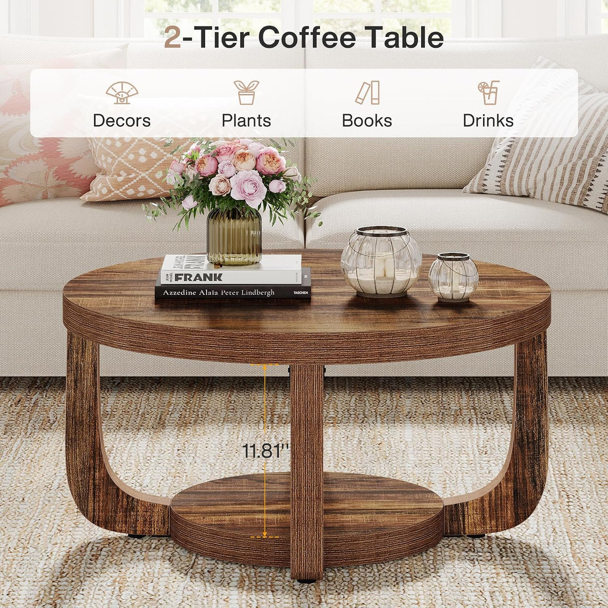 Tribesigns Round Coffee Table, 2-Tier Circle Coffee Table with Storage, Modern Wooden Accent Center Table for Living Room, Thick Tabletop & Base, Dark Brown