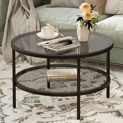 Yusong Round Glass Coffee Tables for Living Room, 2-Tier Circle Coffee Table with Storage, 26" Modern Center Accent Table with Light Black Glass, Small End Table for Small Space, Bedroom