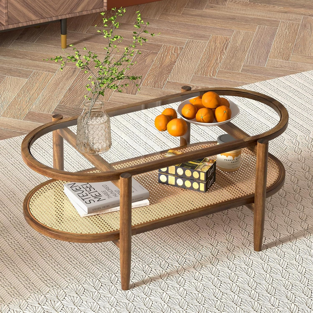 Giantex Rattan Coffee Table, 2-Tier Oval Acacia Wood Tea Table w/Tempered Glass Tabletop & PE Rattan Storage Shelf, Boho Cocktail Tables, Mid Century Modern Center Table for Living Room Office, Brown