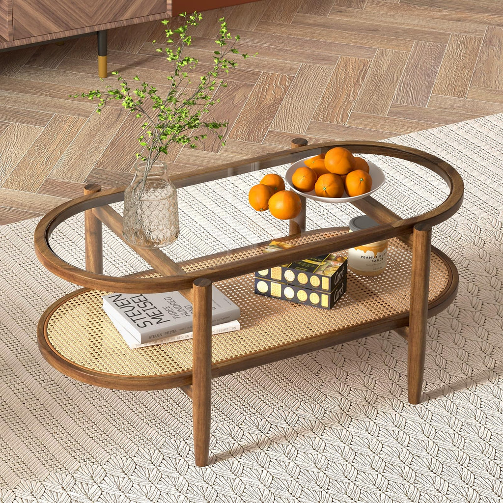 Giantex Rattan Coffee Table, 2-Tier Oval Acacia Wood Tea Table w/Tempered Glass Tabletop & PE Rattan Storage Shelf, Boho Cocktail Tables, Mid Century Modern Center Table for Living Room Office, Brown