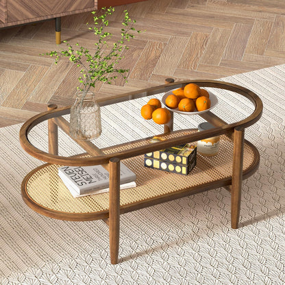 Giantex Rattan Coffee Table, 2-Tier Oval Acacia Wood Tea Table w/Tempered Glass Tabletop & PE Rattan Storage Shelf, Boho Cocktail Tables, Mid Century Modern Center Table for Living Room Office, Brown