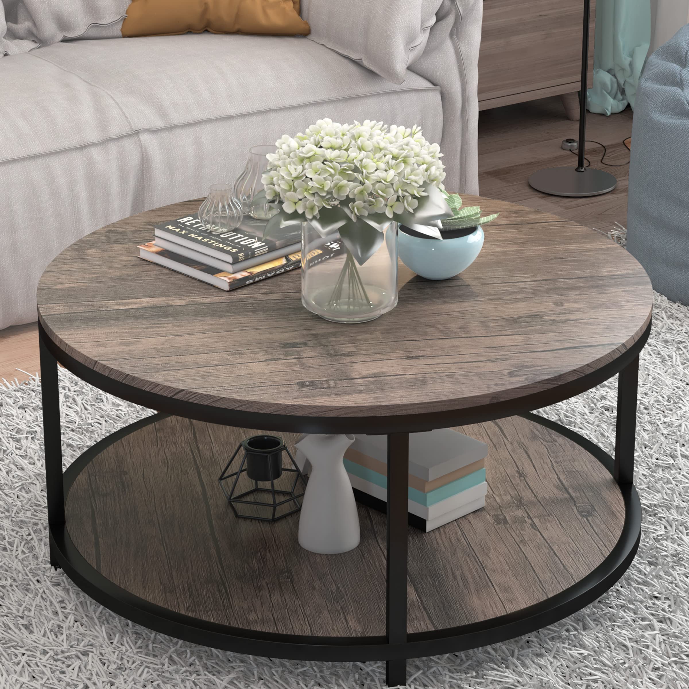 NSdirect Round Coffee Table,36" Coffee Table for Living Room,2-Tier Rustic Wood Desktop with Storage Shelf Modern Design Home Furniture(Light Walnut)