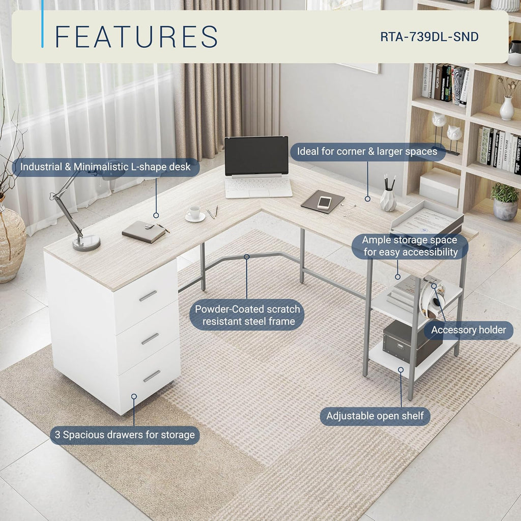 Techni Mobili L Shaped Desk - Two-Toned Computer Desk with Drawers & Storage Shelves - Simple Modern Furniture & Home Office Space Corner Table for Work & Writing
