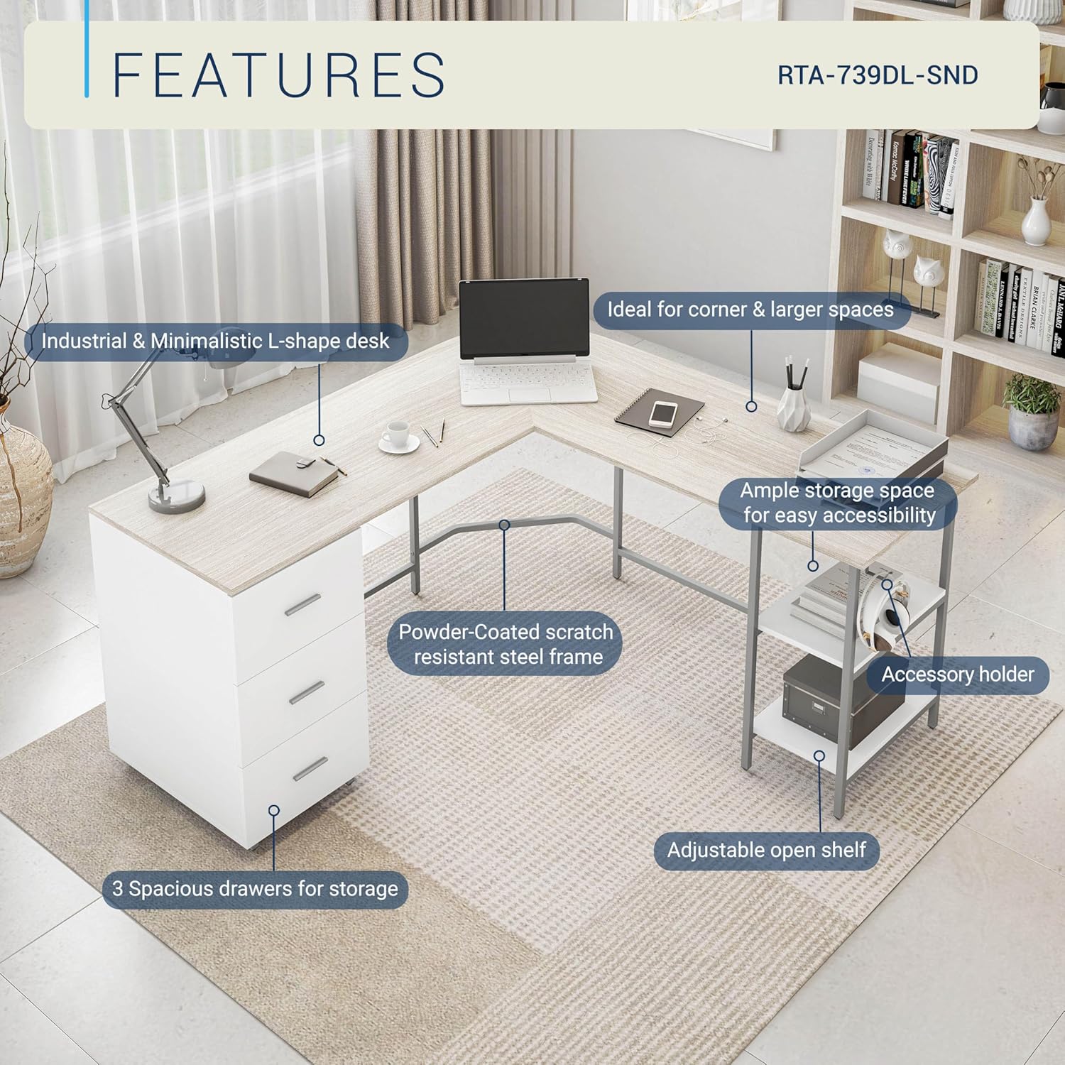 Techni Mobili L Shaped Desk - Two-Toned Computer Desk with Drawers & Storage Shelves - Simple Modern Furniture & Home Office Space Corner Table for Work & Writing