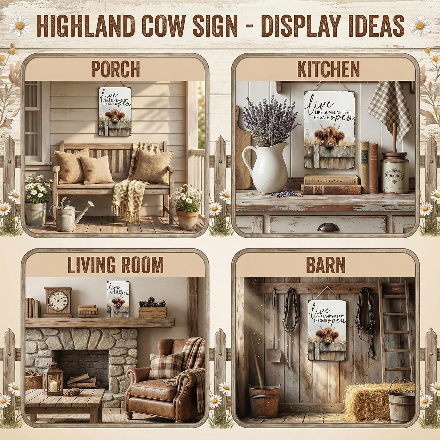 Funnysign Highland Cow Gifts Highland Cow Live Like Someone Left The Gate Open Vintage Tin Sign for Farmhouse Barn Office Kitchen Bathroom Porch Decor 8x12 Inch (26051)