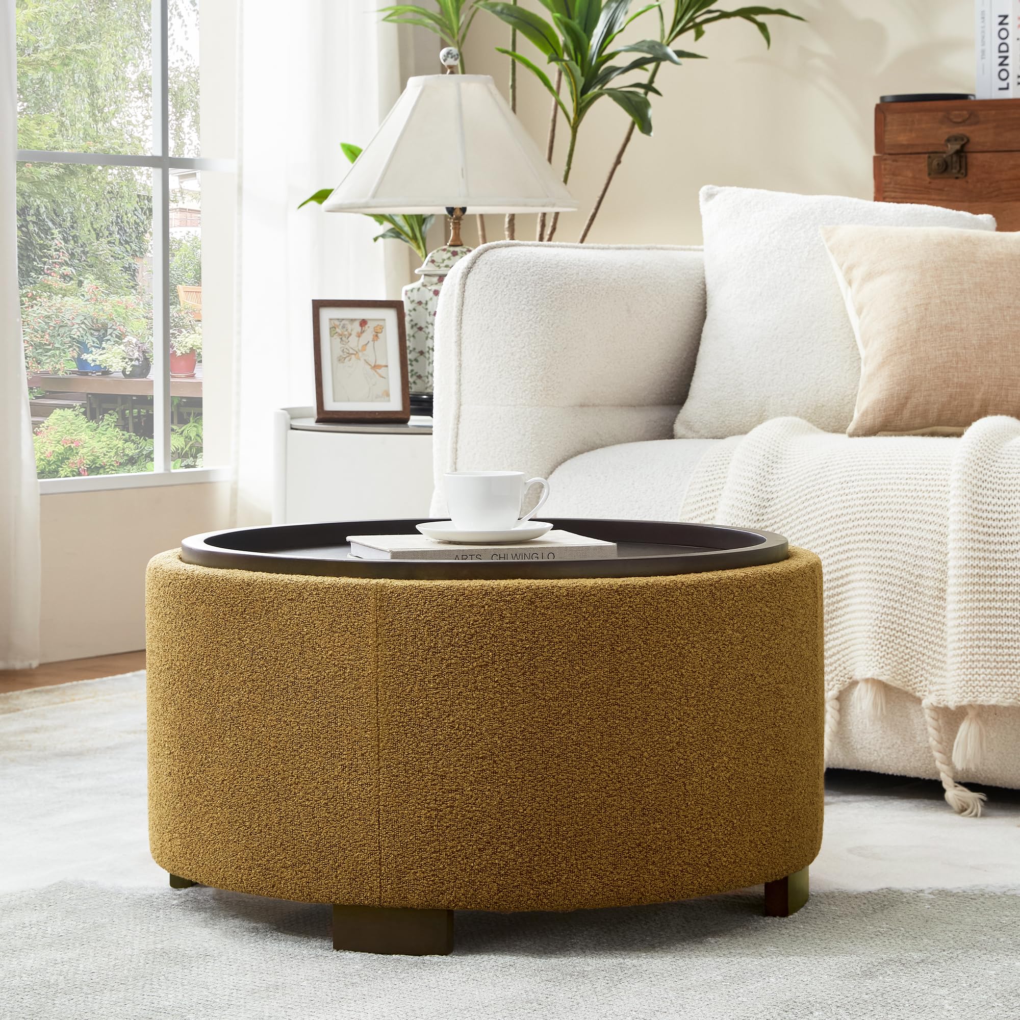 Zihanhome 30 Inch Round Storage Ottoman Coffee Table, Modern Boucle Ottoman with Lift-Off Lid and Solid Wood Legs for Living Room, Bedroom, Corners, Apartments (Beige)