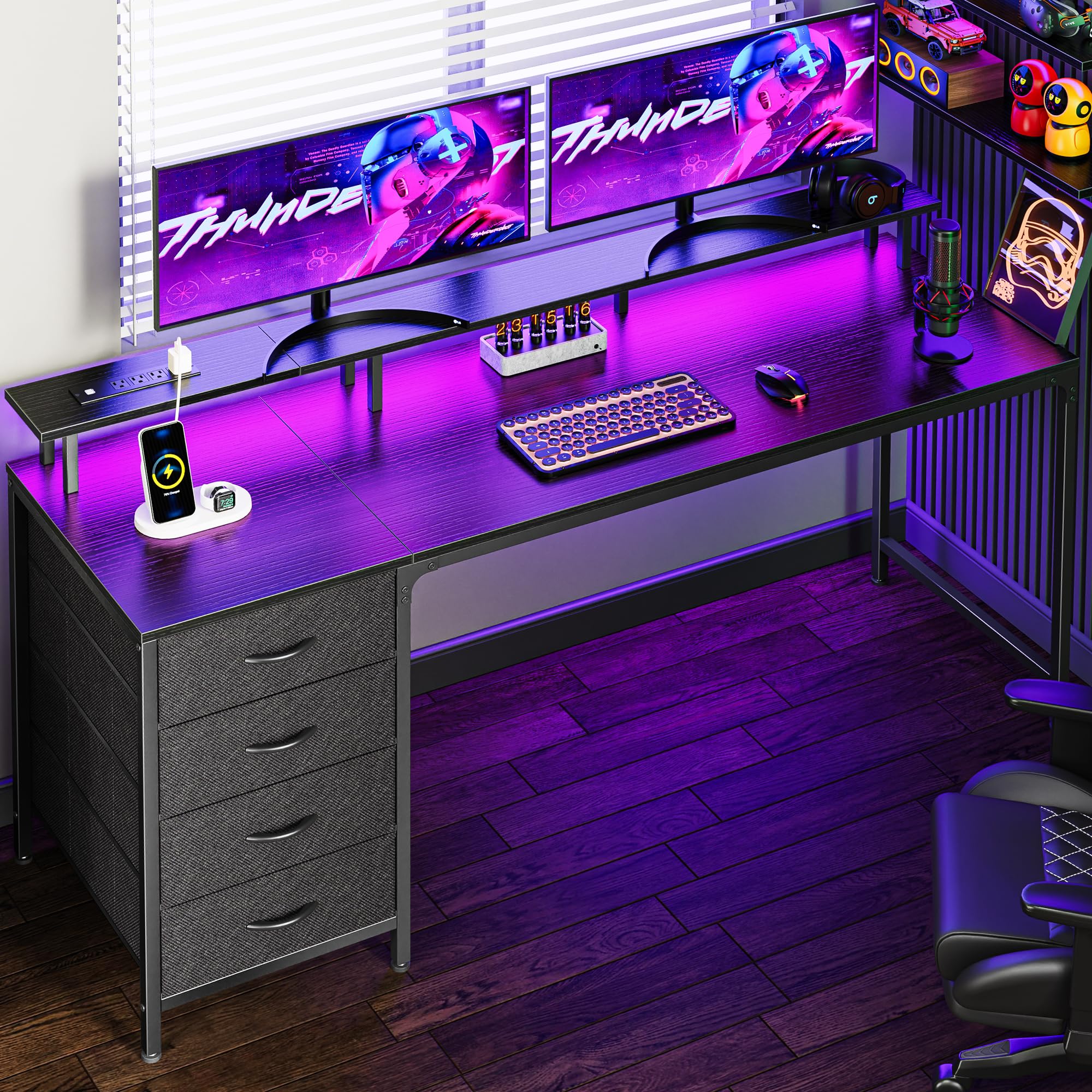 Huuger 47 Inch Computer Desk with Power Outlets and LED Lights, Gaming Desk with 4 Drawers, Office Desk with Monitor Stand, Study Work Home Office, Small Spaces, Black