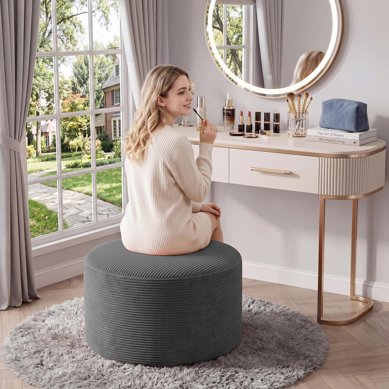 BSHOMGI Round Boneless Ottoman Oversized Ottomans for Living Room, Cloud Rectangle Pouf Coffee Table, Poofy Corduroy Foot Stoolsfor Living Room, Bedroom or Office