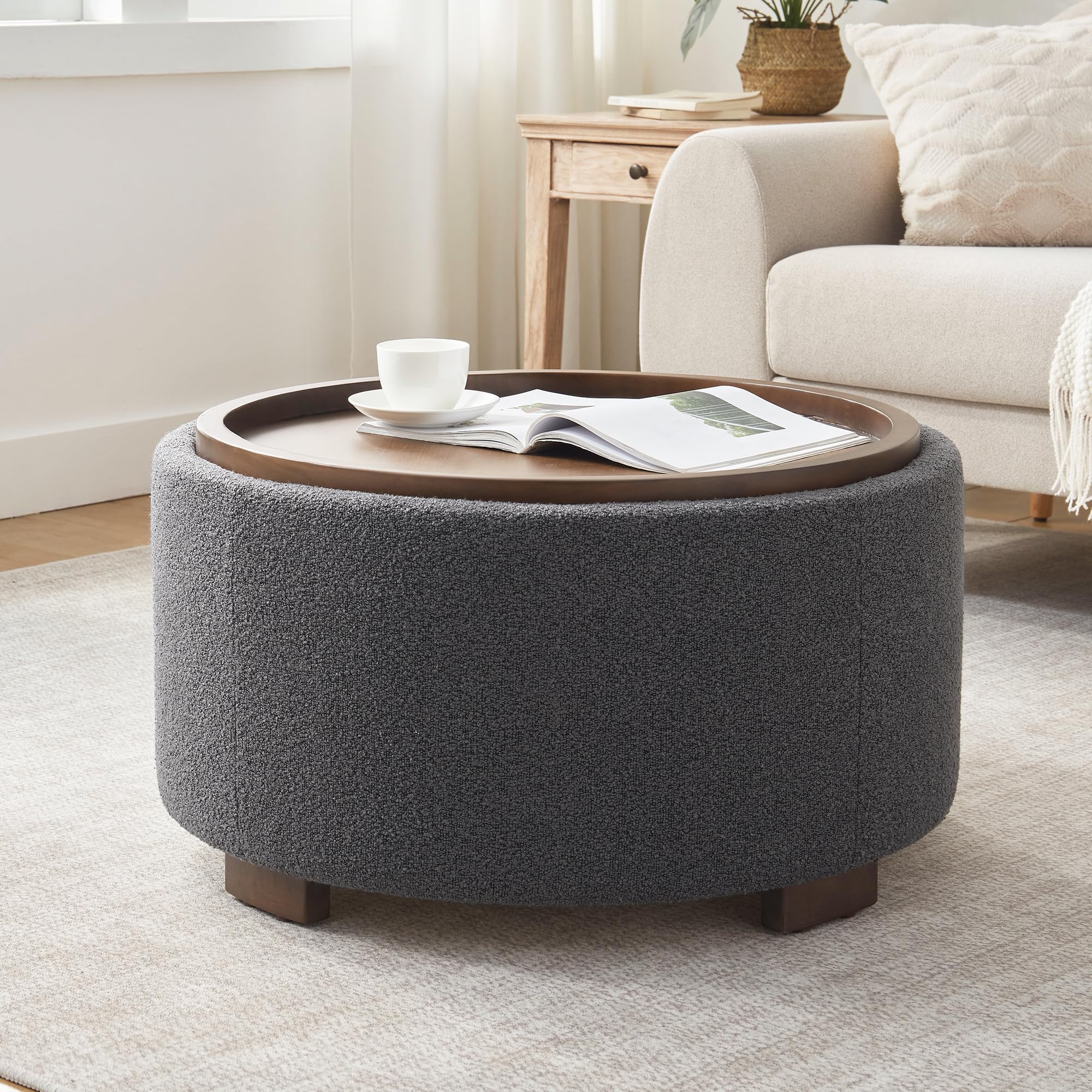 Zihanhome 30 Inch Round Storage Ottoman Coffee Table, Modern Boucle Ottoman with Lift-Off Lid and Solid Wood Legs for Living Room, Bedroom, Corners, Apartments (Beige)