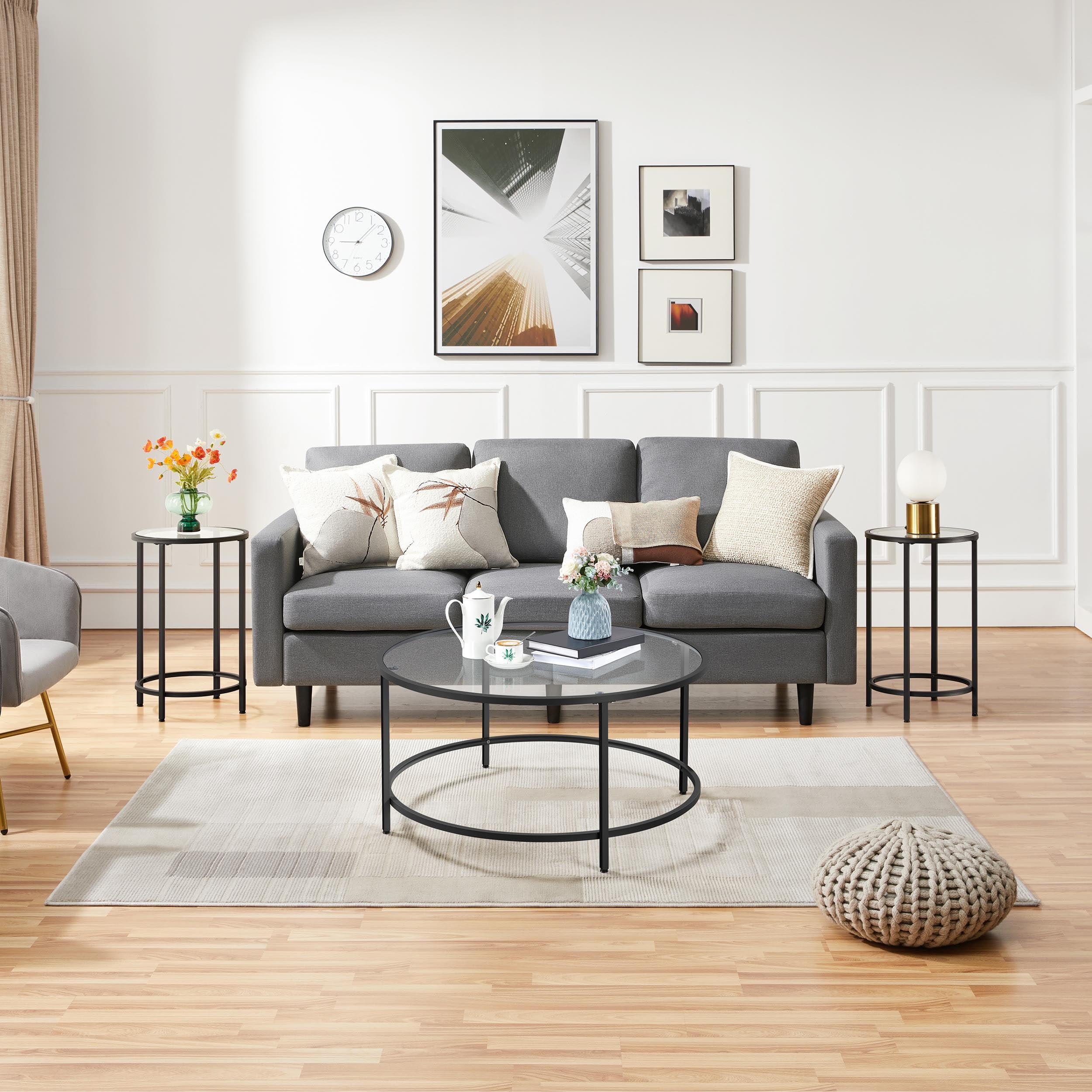 Yaheetech Coffee Table Set of 3, Round Coffee Table & 2pcs Accent End Table Easy Assembly w/Glass-Top Surface & Reinforced Frame for Living Room,Apartment,Small Space,Mustard Gold