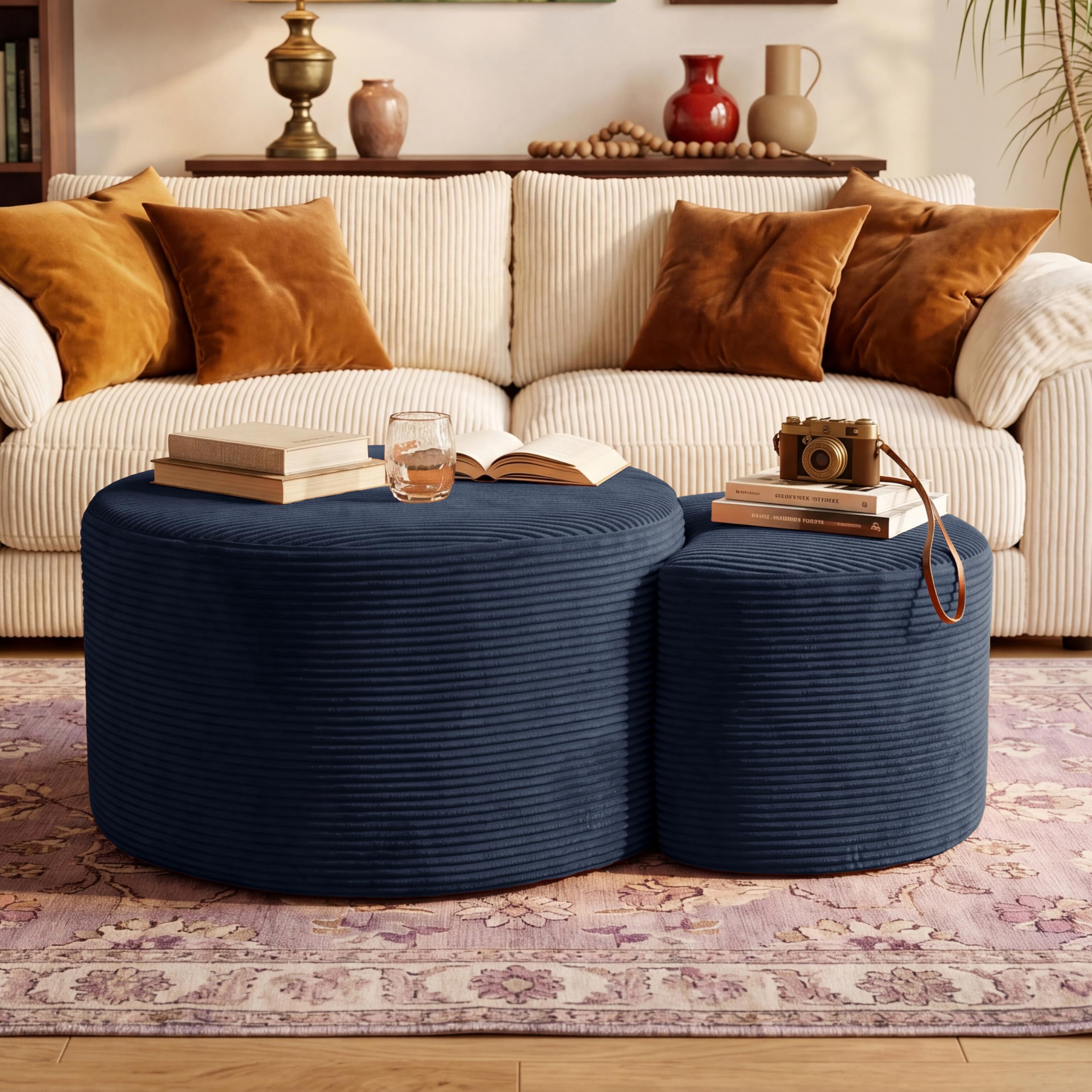 BSHOMGI Round Boneless Ottoman Oversized Ottomans for Living Room, Cloud Rectangle Pouf Coffee Table, Poofy Corduroy Foot Stoolsfor Living Room, Bedroom or Office