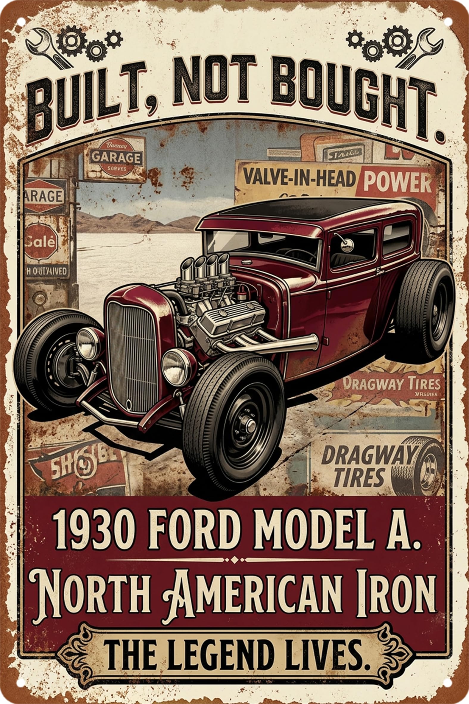 Vintage Car Sign Retro Sports Car Metal Tin Signs, Tin Sign Car for Garage Decor, Classic Car Decor Early American Metal Garage Sign for Man Cave, 8x12 Inch (REO model 10-S)