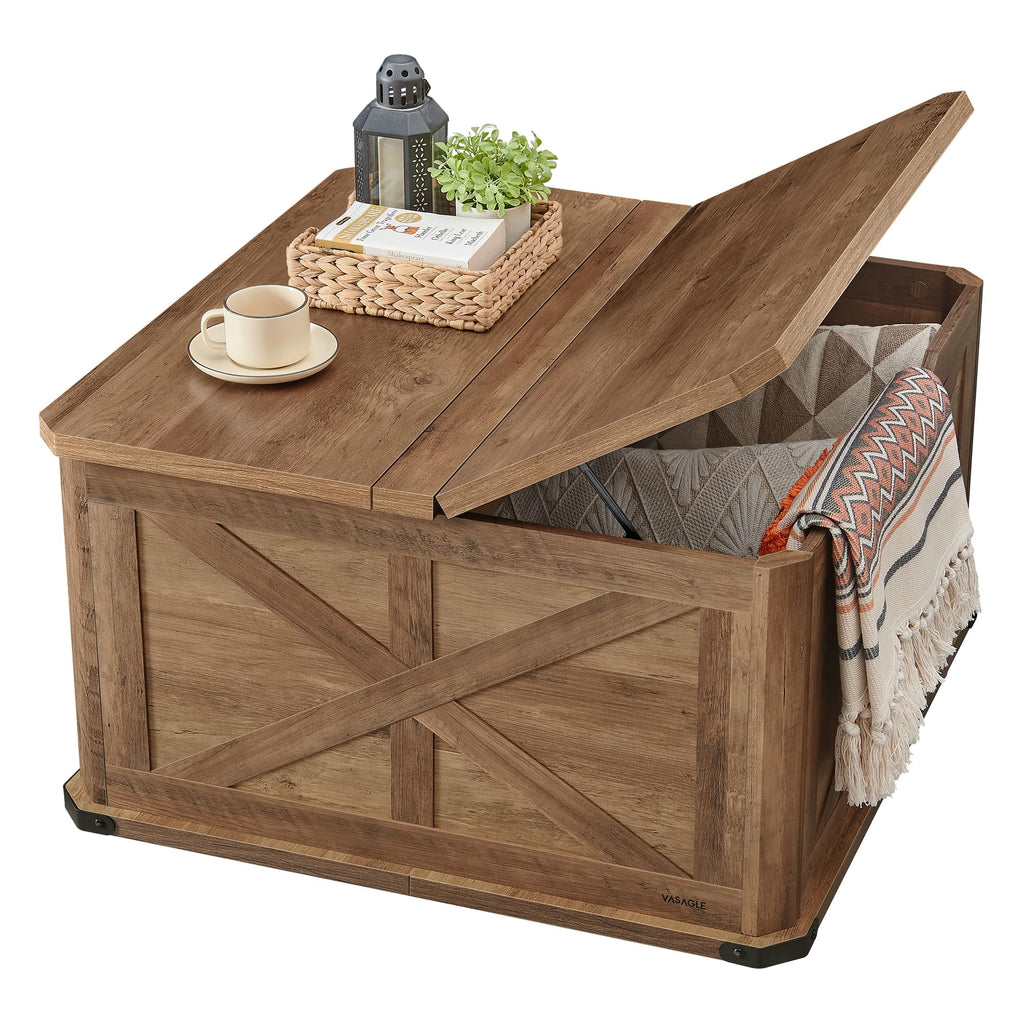 VASAGLE LIRY Collection - Farmhouse Coffee Table with Storage, Square Coffee Table for Living Room, Center Table with Flip-Top Lids, Honey Brown and Rustic White ULCT232W73