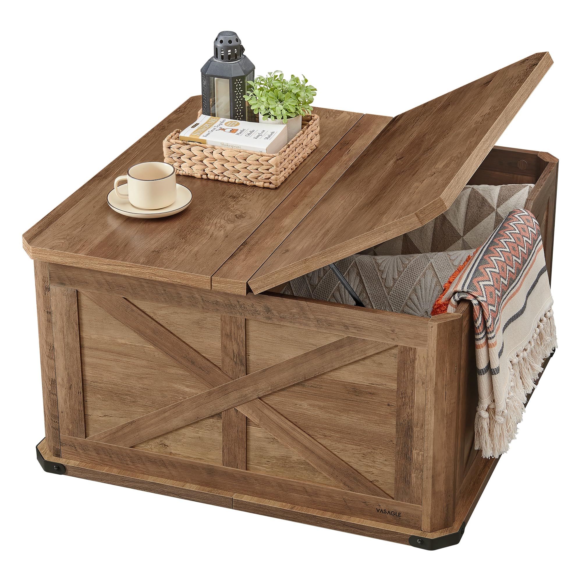 VASAGLE LIRY Collection - Farmhouse Coffee Table with Storage, Square Coffee Table for Living Room, Center Table with Flip-Top Lids, Honey Brown and Rustic White ULCT232W73