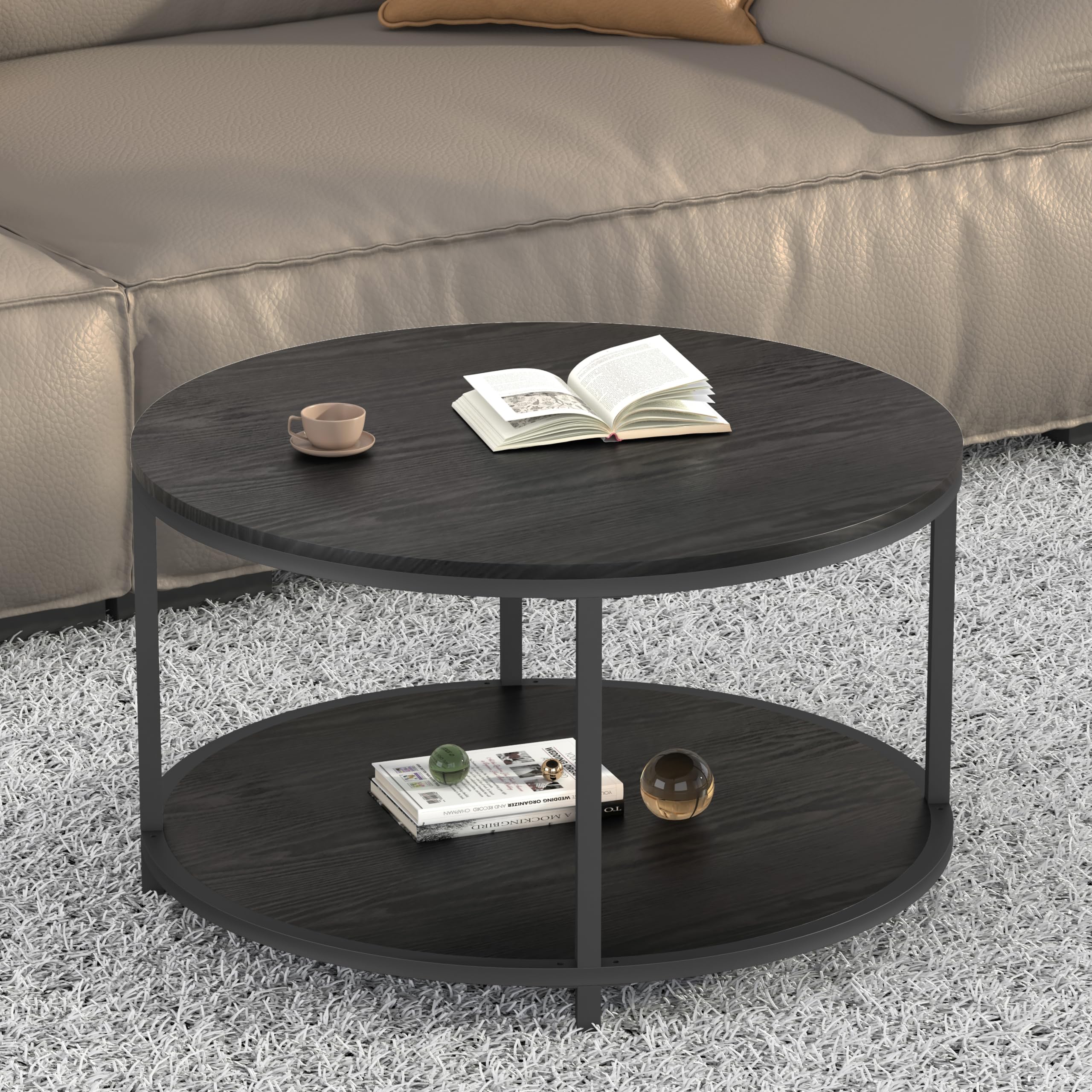 NSdirect Round Coffee Table, 27.5" Small Coffee Table for Living Room,2-Tier Rustic Wood Desktop with Storage Shelf Modern Design Home Furniture(Light Walnut)