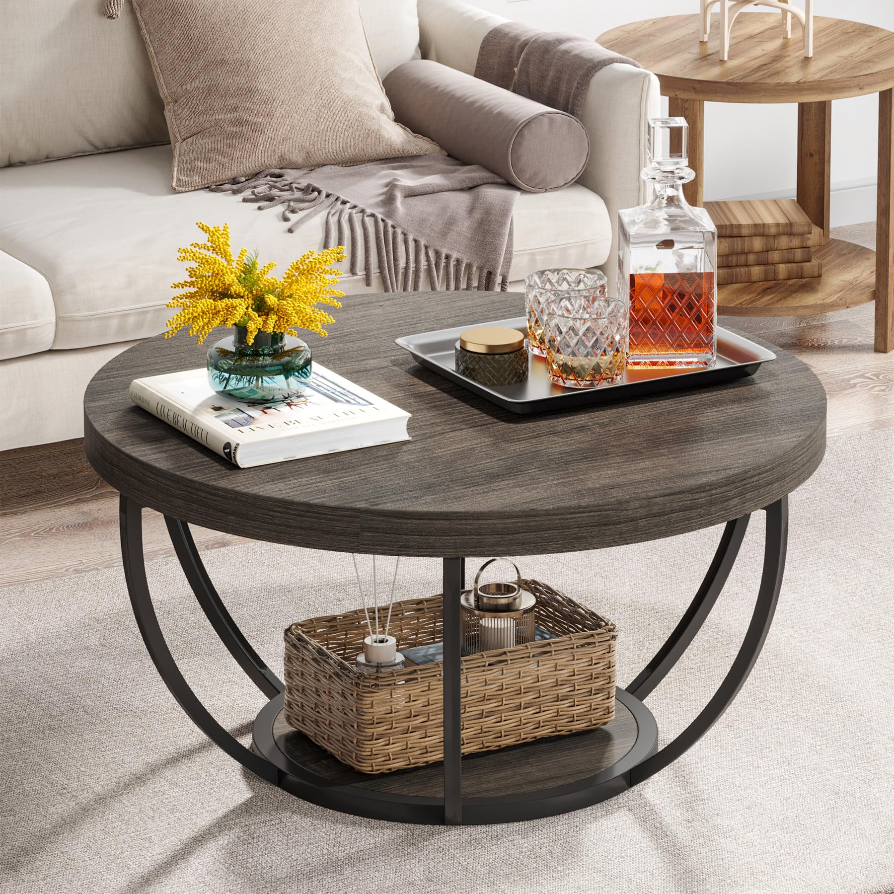 Tribesigns Modern Round Coffee Table, 2 Tier Coffee Table with Faux White Marble and Golden Metal Legs, Circle Center Table Tea Table Accent Furniture for Living Room, White and Gold