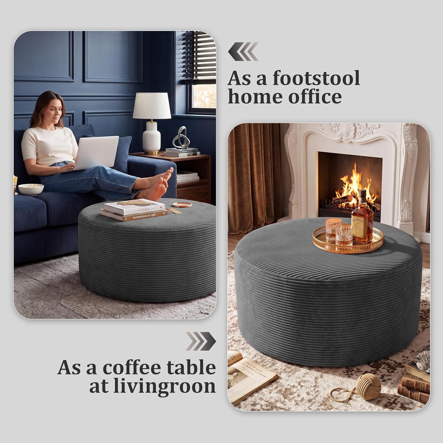 BSHOMGI Round Boneless Ottoman Oversized Ottomans for Living Room, Cloud Rectangle Pouf Coffee Table, Poofy Corduroy Foot Stoolsfor Living Room, Bedroom or Office