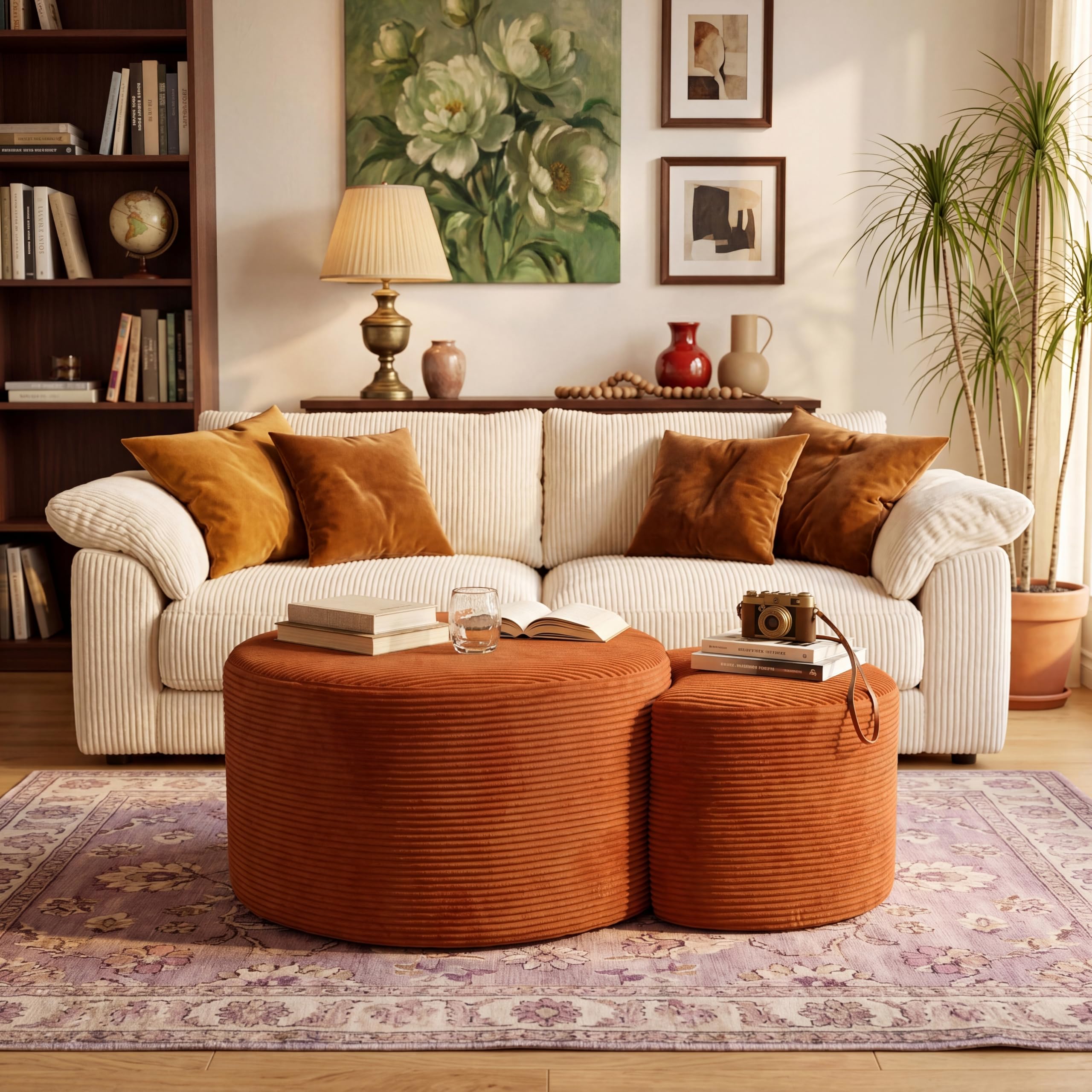 BSHOMGI Round Boneless Ottoman Oversized Ottomans for Living Room, Cloud Rectangle Pouf Coffee Table, Poofy Corduroy Foot Stoolsfor Living Room, Bedroom or Office