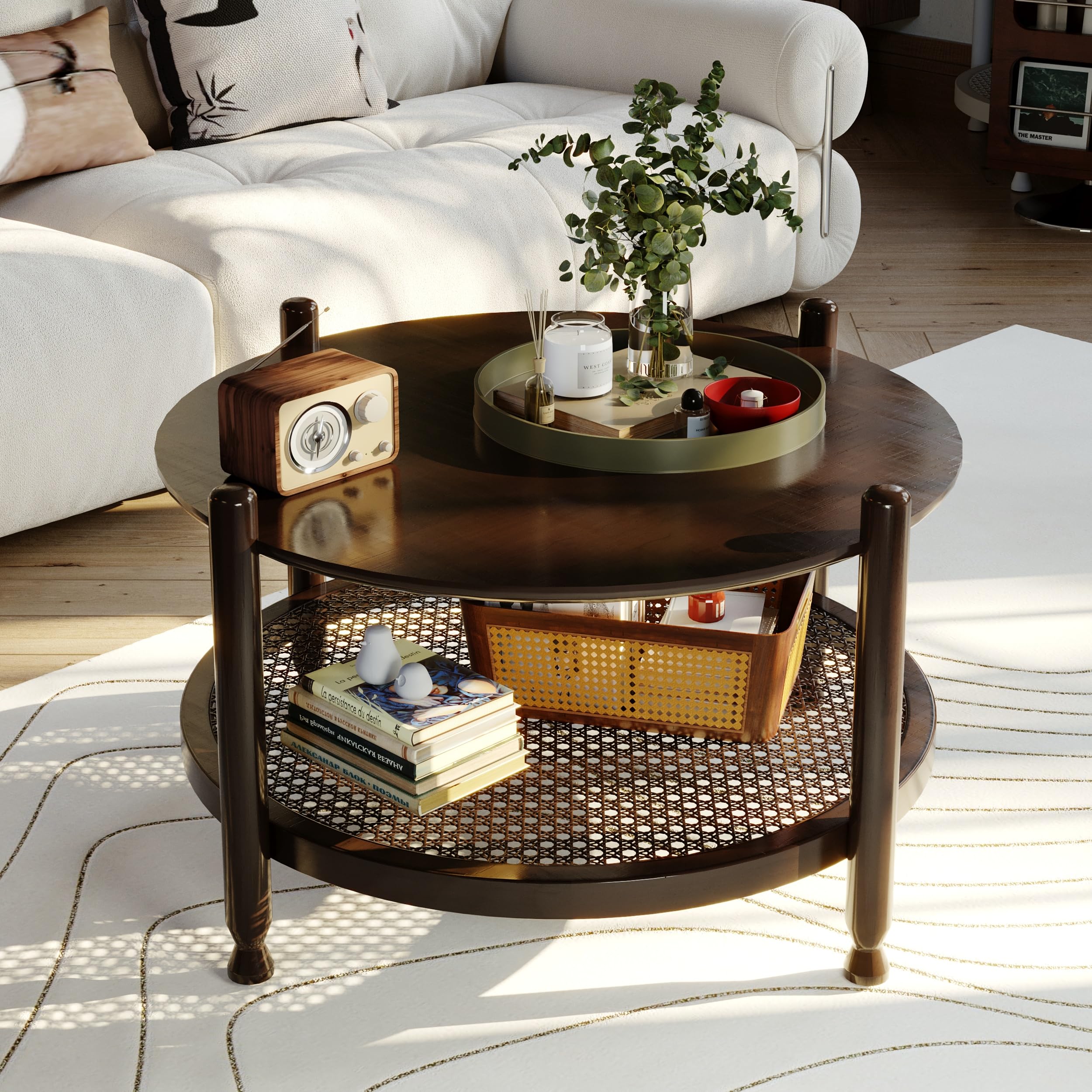 NSdirect Round Coffee Table,36" Coffee Table for Living Room,2-Tier Rustic Wood Desktop with Storage Shelf Modern Design Home Furniture(Light Walnut)