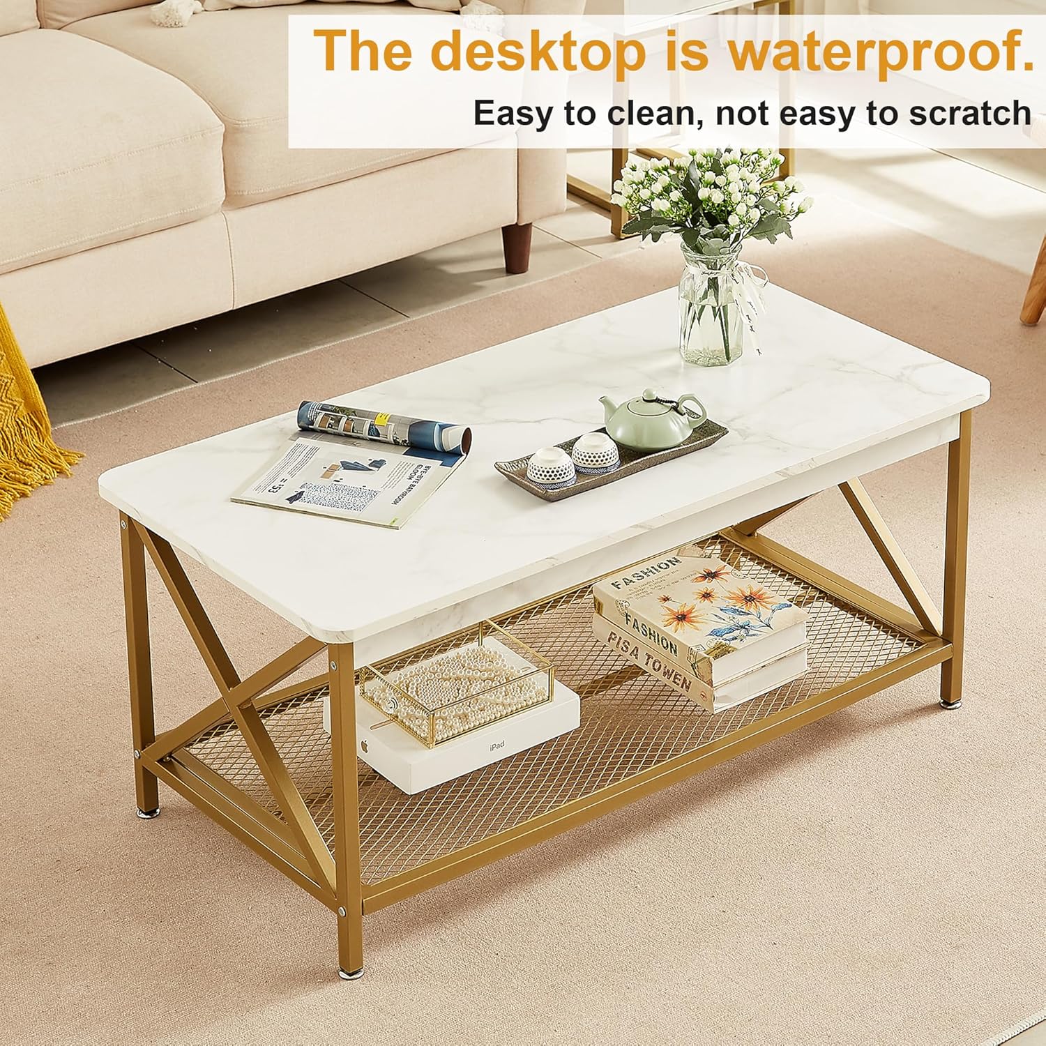 VECELO Coffee Table with 2-Tier Storage Shelf X-Frame for Living Room, Office Industrial Style,Easy Assembly, 39 inch Gold