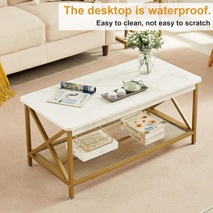 VECELO Coffee Table with 2-Tier Storage Shelf X-Frame for Living Room, Office Industrial Style,Easy Assembly, 39 inch Gold