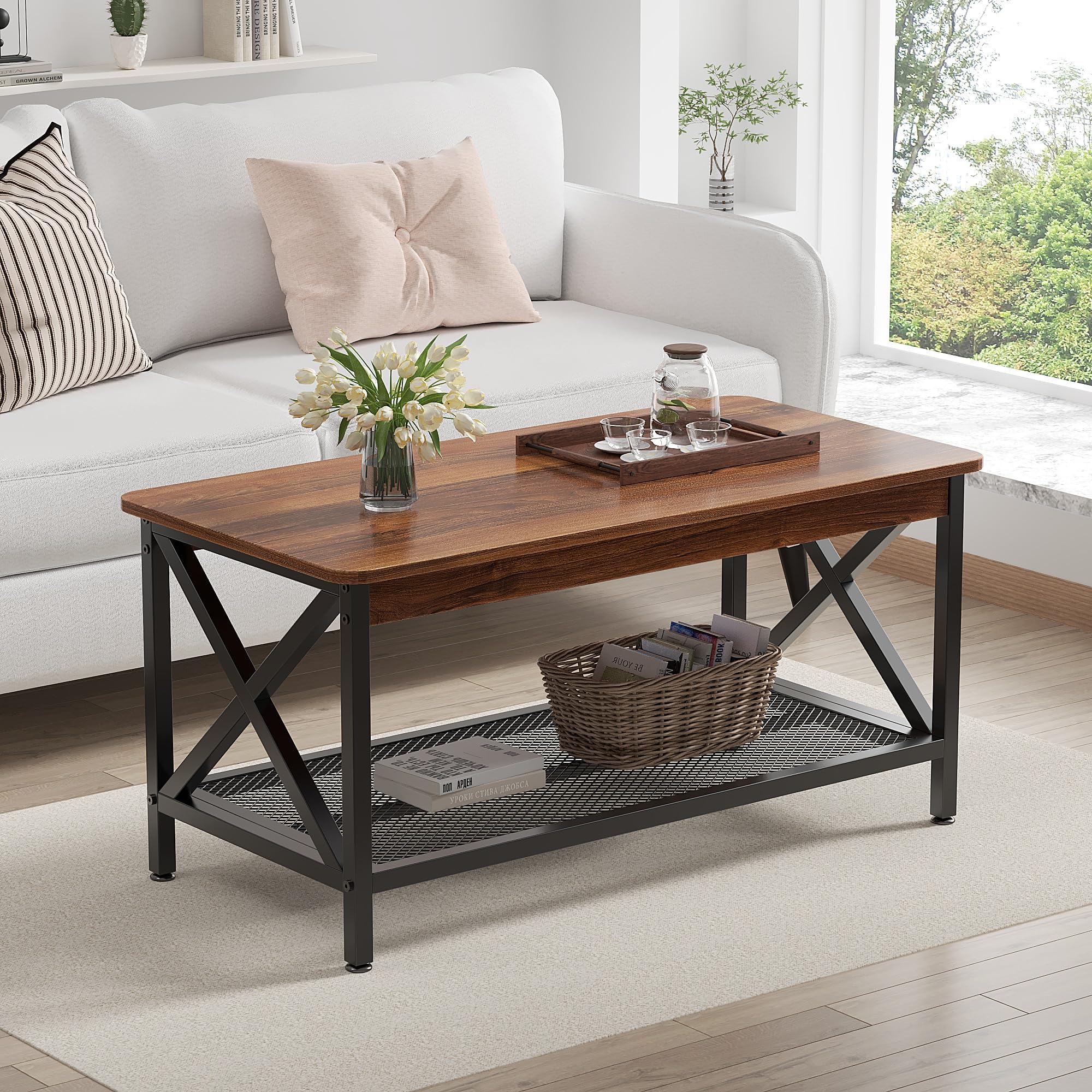 VECELO Coffee Table with 2-Tier Storage Shelf X-Frame for Living Room, Office Industrial Style,Easy Assembly, 39 inch Gold