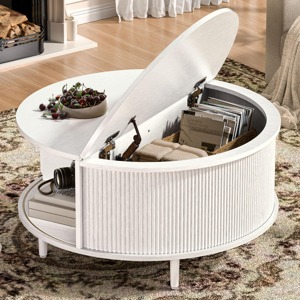 Round Coffee Table, 31.5" Fluted Center Table with Storage, Lift-Top Coffee Table with Adjustable Footpads, Sliding Door, Mid-Century Modern Center Table for Living Room, Small Space (Nature)