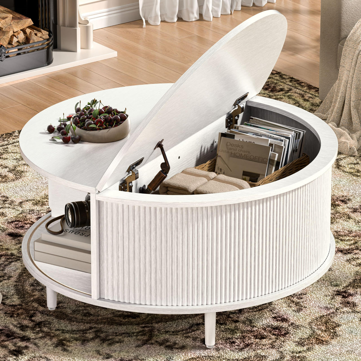 Round Coffee Table, 31.5" Fluted Center Table with Storage, Lift-Top Coffee Table with Adjustable Footpads, Sliding Door, Mid-Century Modern Center Table for Living Room, Small Space (Nature)