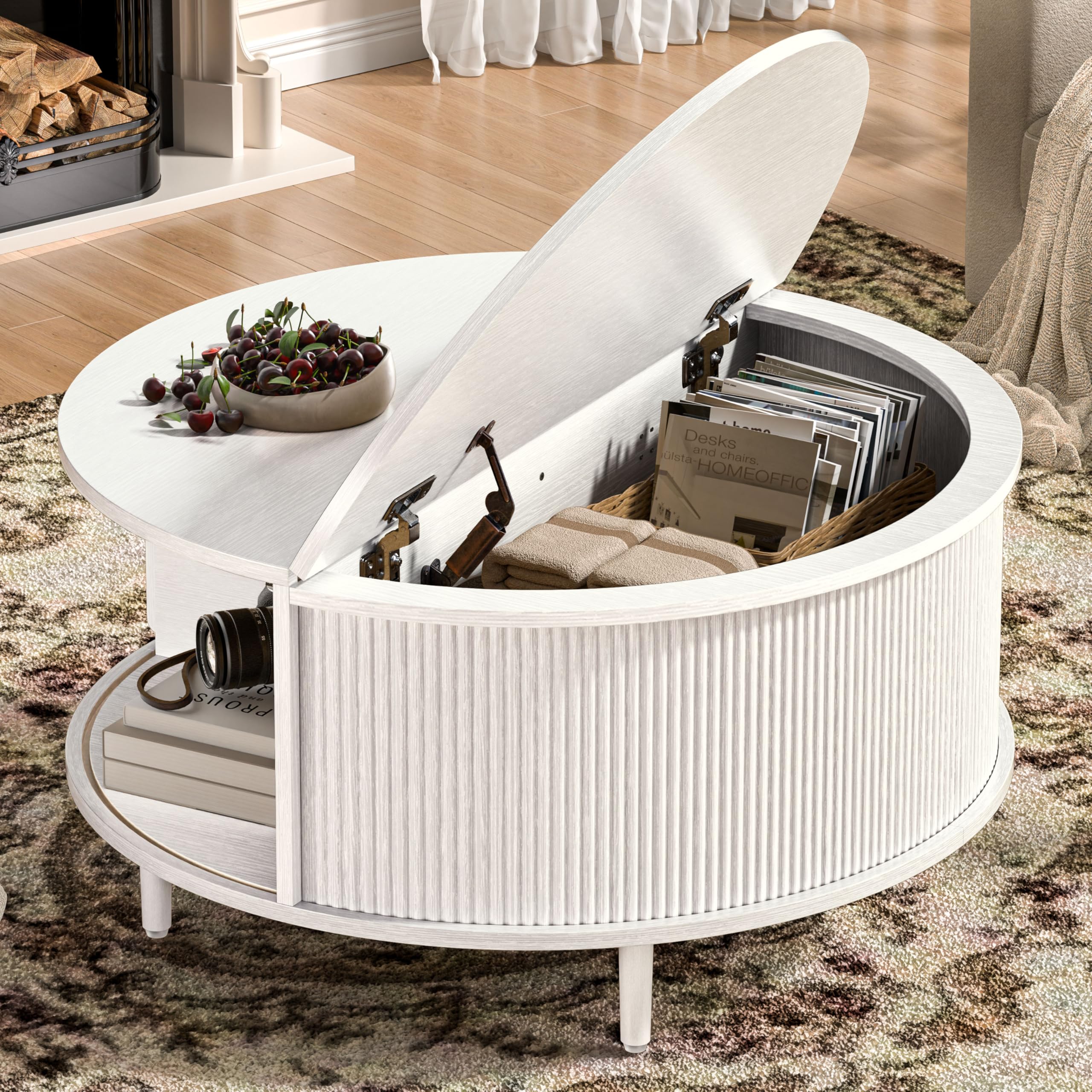 Round Coffee Table, 31.5" Fluted Center Table with Storage, Lift-Top Coffee Table with Adjustable Footpads, Sliding Door, Mid-Century Modern Center Table for Living Room, Small Space (Nature)