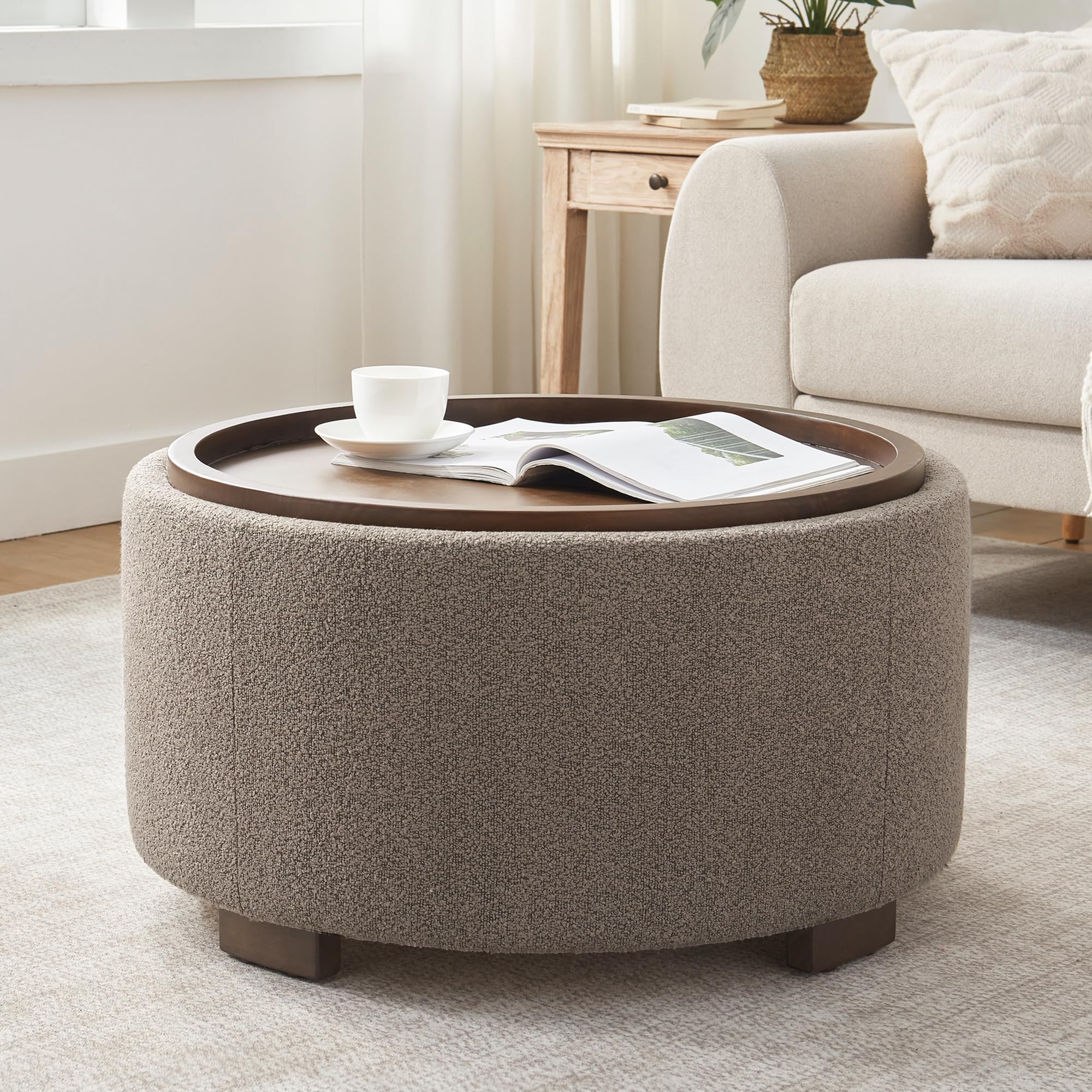 Zihanhome 30 Inch Round Storage Ottoman Coffee Table, Modern Boucle Ottoman with Lift-Off Lid and Solid Wood Legs for Living Room, Bedroom, Corners, Apartments (Beige)