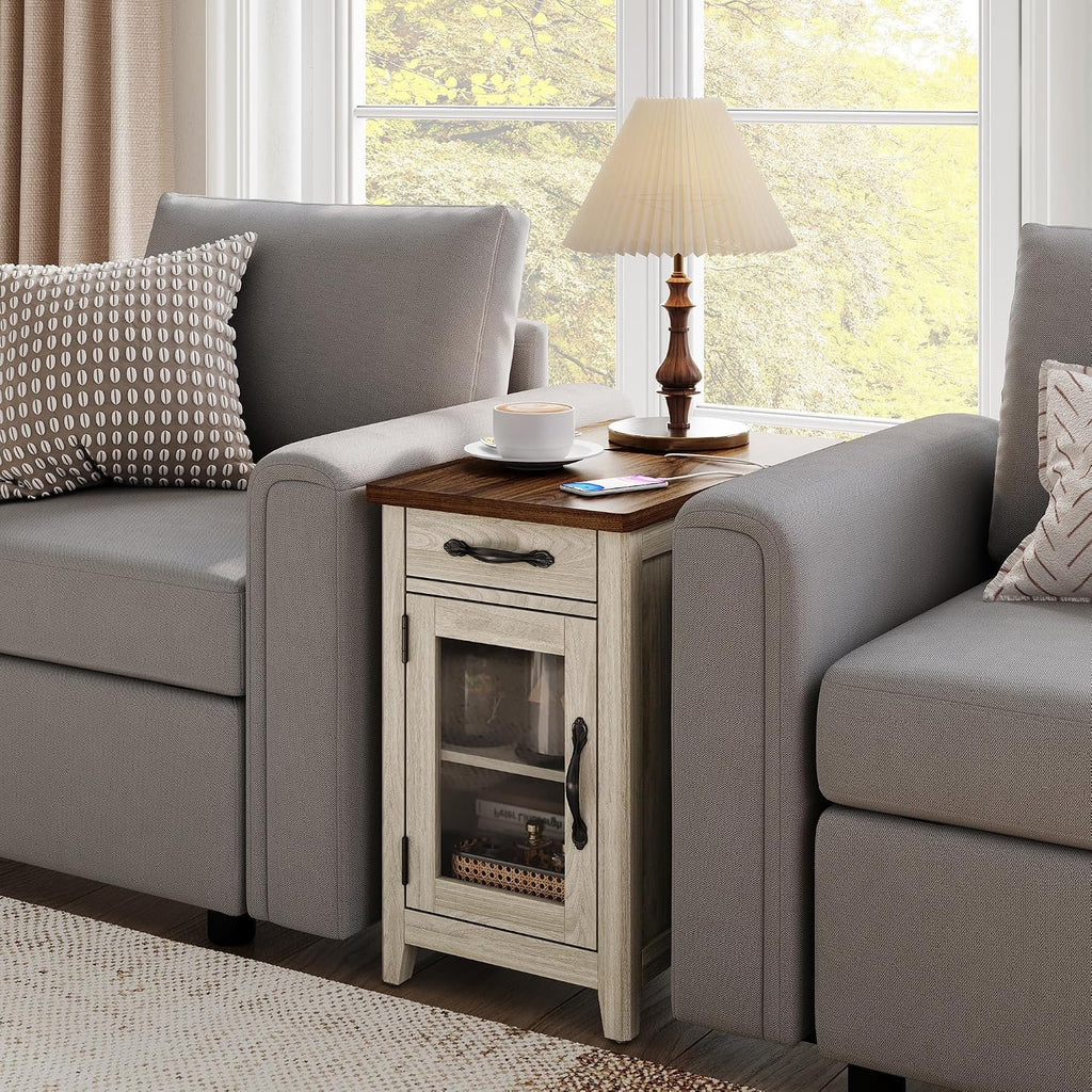LINSY HOME End Table with Charging Station, Modern Farmhouse Wooden Side Table with Drawer, Detachable Holder, Extra Storage & Display Space, for Living Room and Bedroom, Glass Door, Washed Grey
