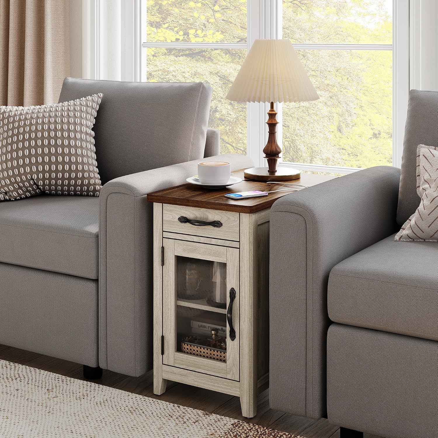 LINSY HOME End Table with Charging Station, Modern Farmhouse Wooden Side Table with Drawer, Detachable Holder, Extra Storage & Display Space, for Living Room and Bedroom, Glass Door, Washed Grey