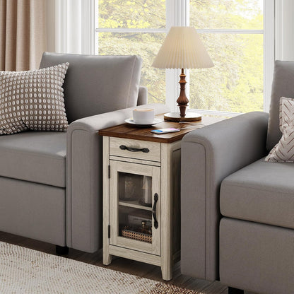 LINSY HOME End Table with Charging Station, Modern Farmhouse Wooden Side Table with Drawer, Detachable Holder, Extra Storage & Display Space, for Living Room and Bedroom, Glass Door, Washed Grey
