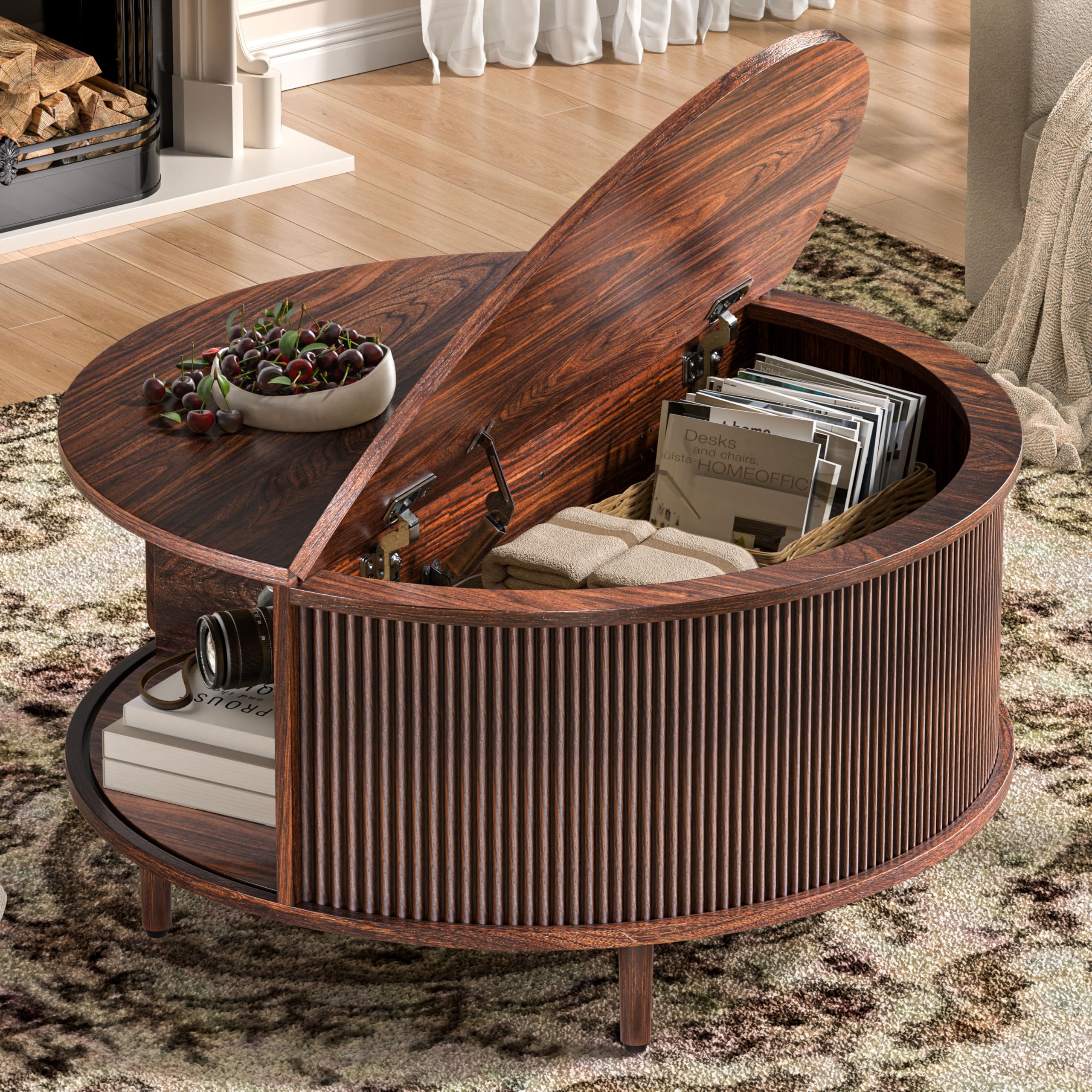 Round Coffee Table, 31.5" Fluted Center Table with Storage, Lift-Top Coffee Table with Adjustable Footpads, Sliding Door, Mid-Century Modern Center Table for Living Room, Small Space (Nature)