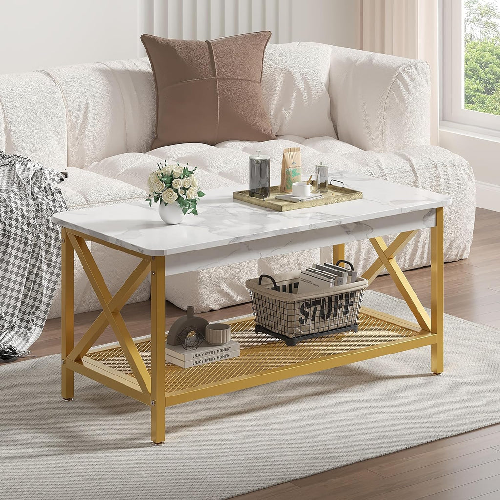 VECELO Coffee Table with 2-Tier Storage Shelf X-Frame for Living Room, Office Industrial Style,Easy Assembly, 39 inch Gold