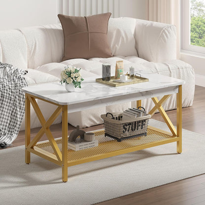 VECELO Coffee Table with 2-Tier Storage Shelf X-Frame for Living Room, Office Industrial Style,Easy Assembly, 39 inch Gold