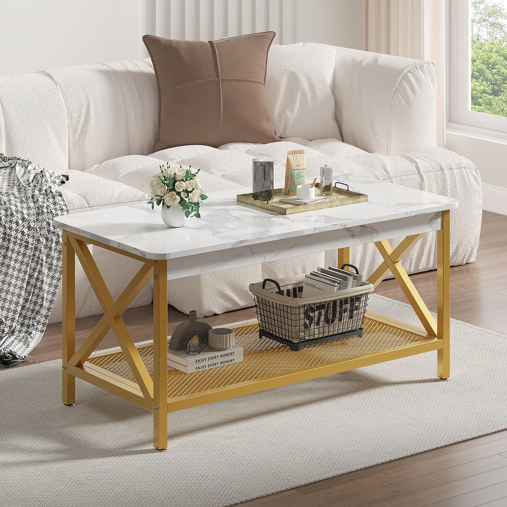 VECELO Coffee Table with 2-Tier Storage Shelf X-Frame for Living Room, Office Industrial Style,Easy Assembly, 39 inch Gold