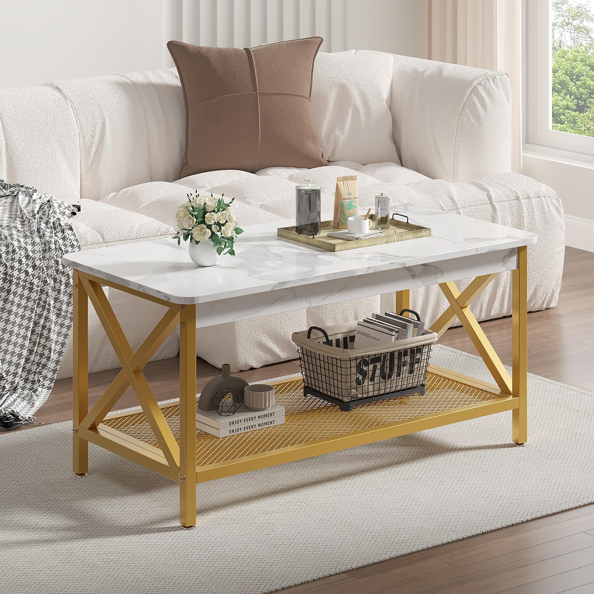 VECELO Coffee Table with 2-Tier Storage Shelf X-Frame for Living Room, Office Industrial Style,Easy Assembly, 39 inch Gold