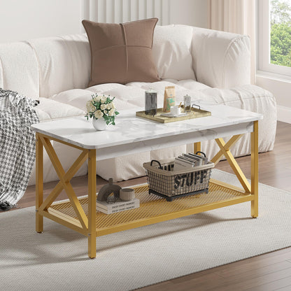 VECELO Coffee Table with 2-Tier Storage Shelf X-Frame for Living Room, Office Industrial Style,Easy Assembly, 39 inch Gold