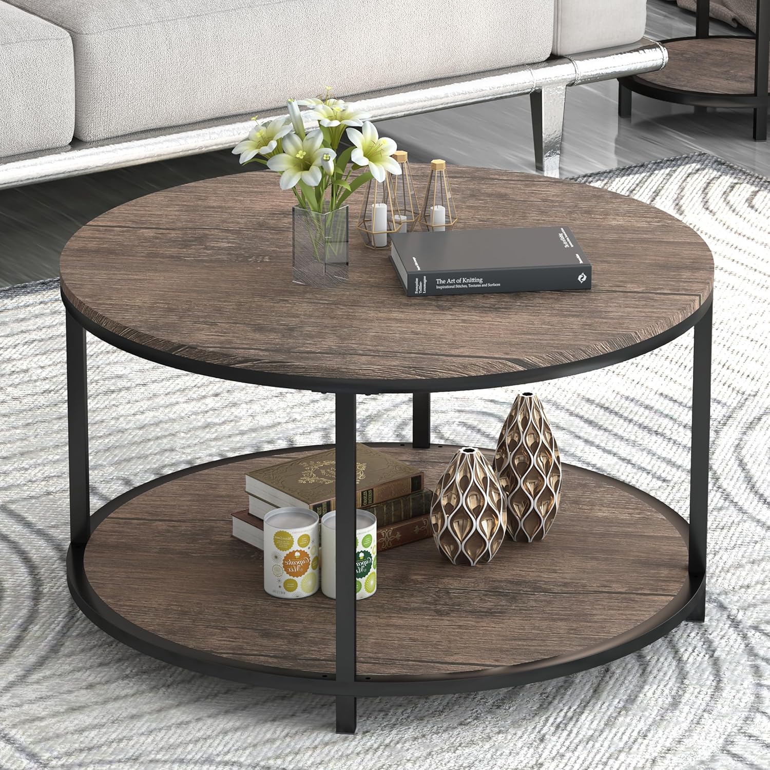 NSdirect Round Coffee Table, 27.5" Small Coffee Table for Living Room,2-Tier Rustic Wood Desktop with Storage Shelf Modern Design Home Furniture(Light Walnut)