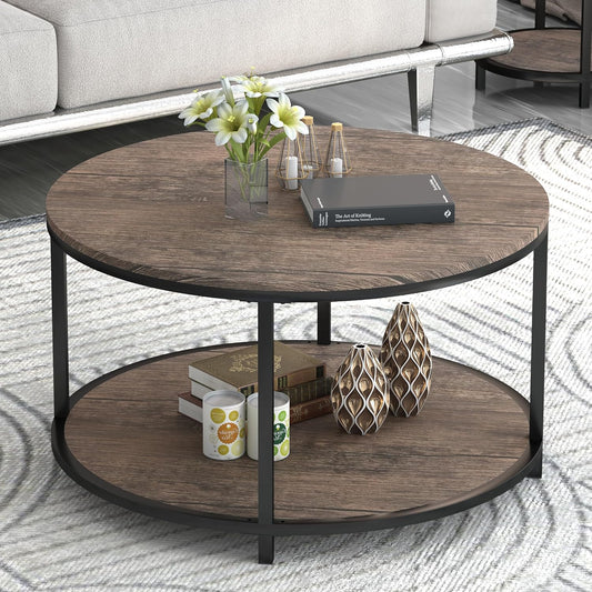 NSdirect Round Coffee Table, 27.5" Small Coffee Table for Living Room,2-Tier Rustic Wood Desktop with Storage Shelf Modern Design Home Furniture(Light Walnut)