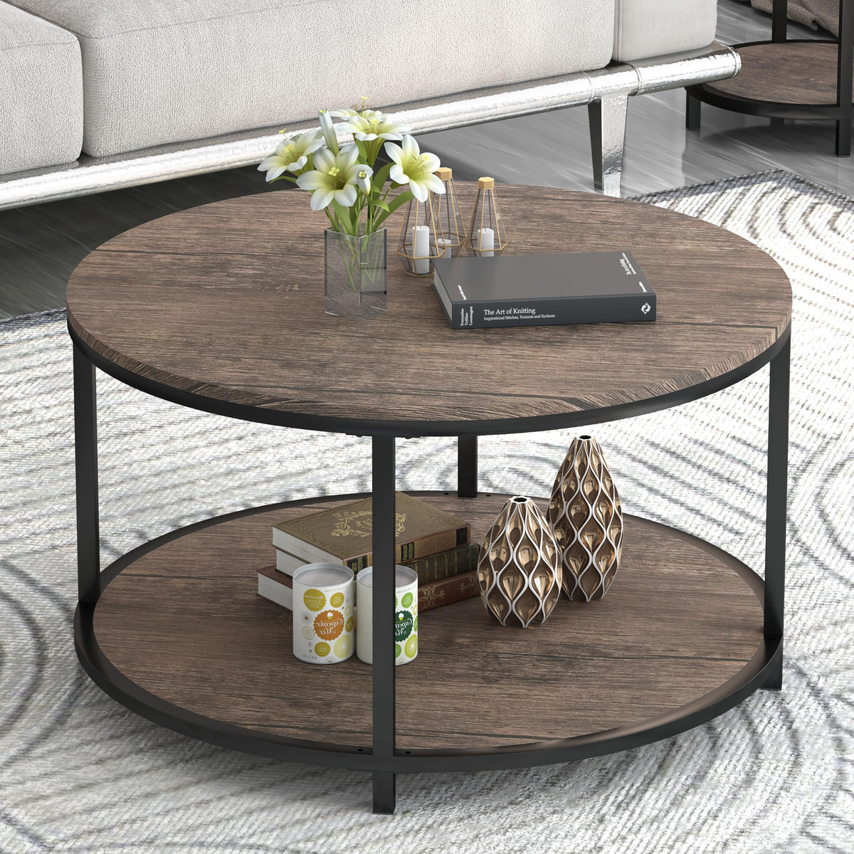 NSdirect Round Coffee Table, 27.5" Small Coffee Table for Living Room,2-Tier Rustic Wood Desktop with Storage Shelf Modern Design Home Furniture(Light Walnut)