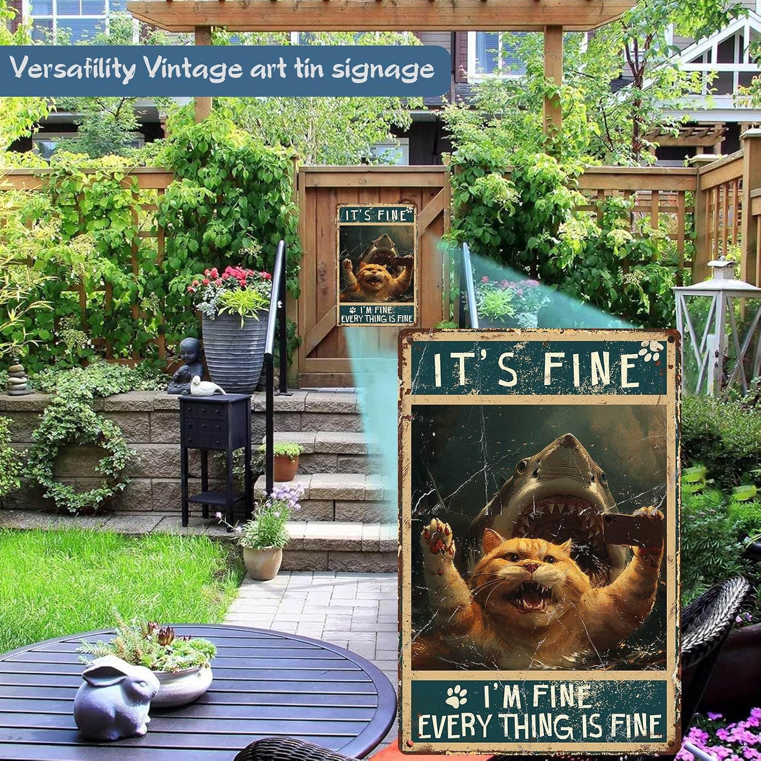 Cat Metal Tin Sign It's Fine I'm Fine Retro Wall Art Decor Funny Signs Bar Pub Club Indoor Home Gifts 8x12 inch