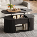 LINSY Lift Top Coffee Table, Oval Fluted Coffee Table with Storage, Mid Century Modern Wooden Coffee Tables with Sliding Tambour Door, 39" Center Table for Living Room, Office, Small Space, Walnut