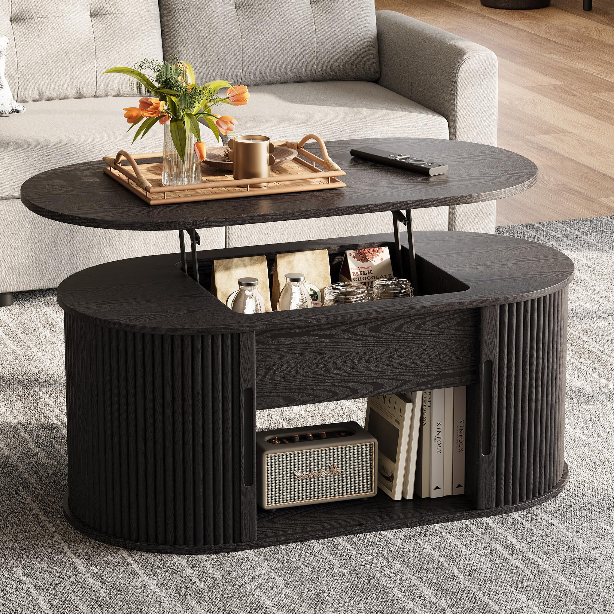 LINSY Lift Top Coffee Table, Oval Fluted Coffee Table with Storage, Mid Century Modern Wooden Coffee Tables with Sliding Tambour Door, 39" Center Table for Living Room, Office, Small Space, Walnut