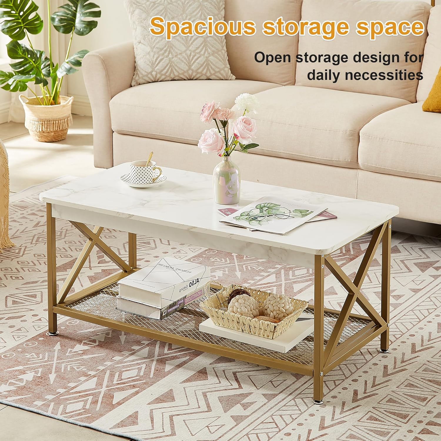 VECELO Coffee Table with 2-Tier Storage Shelf X-Frame for Living Room, Office Industrial Style,Easy Assembly, 39 inch Gold